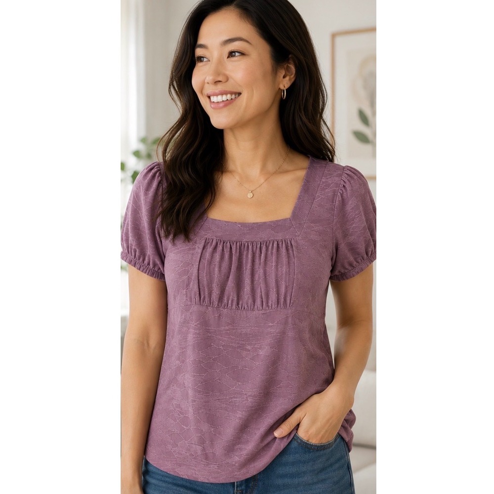 Dressbarn‎ Womens Purple Textured Square Neck Empire Waist Puff Sleeve Blouse
